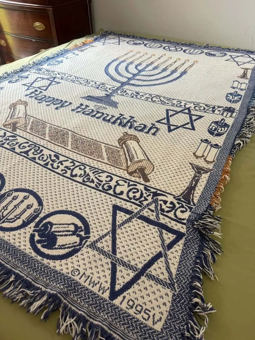 Vintage 1995 Happy Hanukkah Woven Cotton Throw‎ Blanket